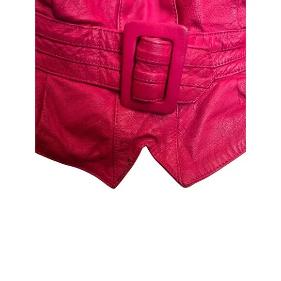 Vintage CHIA Hot Pink Leather Cropped Jacket With Button Closure & Belted Waist - Picture 6 of 8